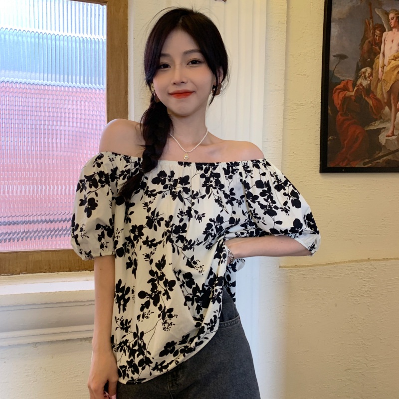 IELGY    Áo Sơ Mi Tay Ngắn Dáng Rộng Họa Tiết Hoa Phong Cách Hàn Quốc Cho Nữ