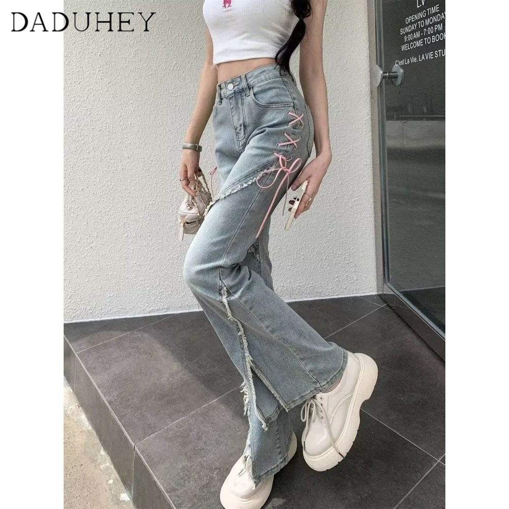 DaDuHey New Korean Style Strappy Flared Jeans Elastic Slit High Waist Wide Leg Pants Large Size Trousers