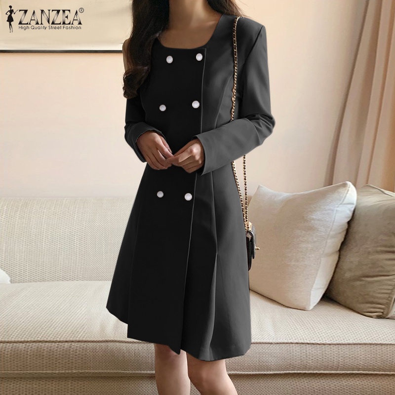 Đầm midi ZANZEA dáng chữ A tay dài xếp ly thanh lịch cho nữ