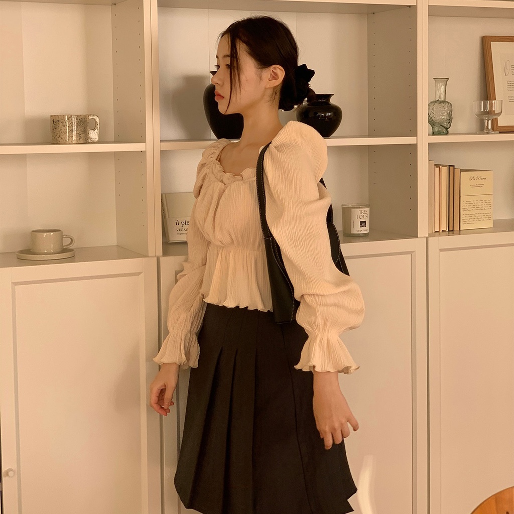 SUXI Áo Sơ Mi Tay Dài Phồng Trễ Vai Màu Trơn Phong Cách Hàn Quốc