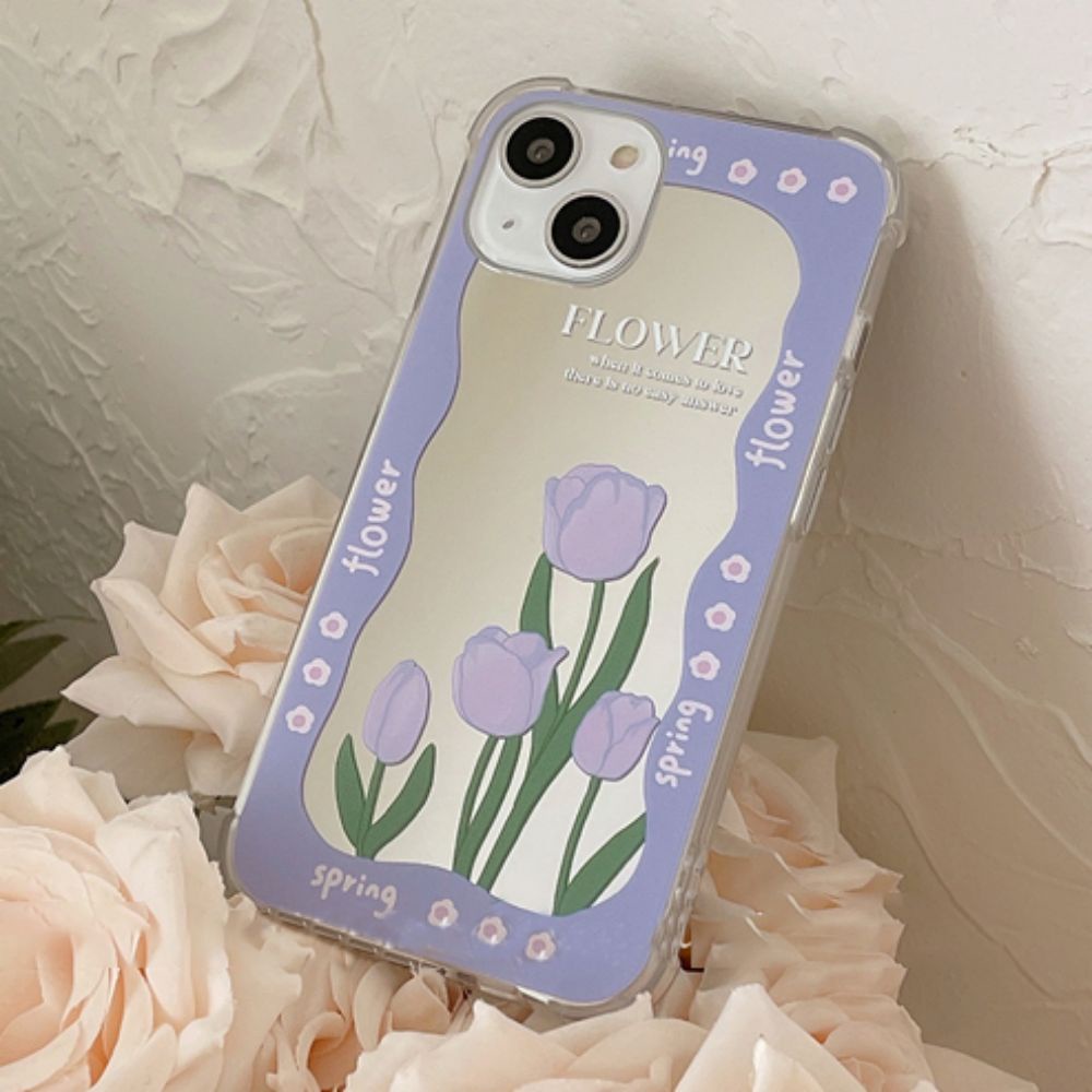 Ốp Điện Thoại TPU Dẻo Gắn Gương Hình Hoa Tulip Tím Thời Trang Cho IPhone 14 13 12 11 Pro Max XS XR 8 7 Plus