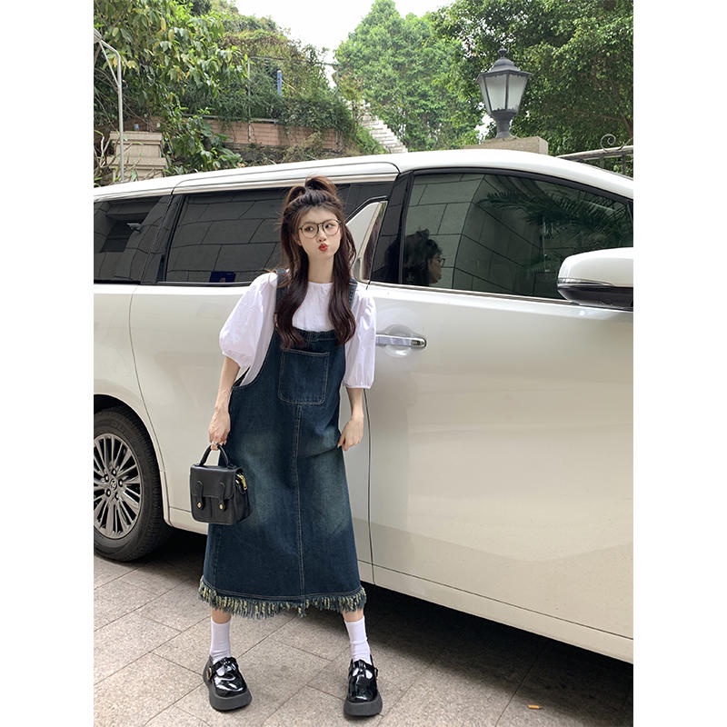 Váy Yếm Jean Dáng Dài Form Rộng Đầm Nữ Denim Dài Gấu Rách Tua Rua Thiết Kế Retro Kiểu Hàn Quốc Yếm Bò Nữ Chali Y050