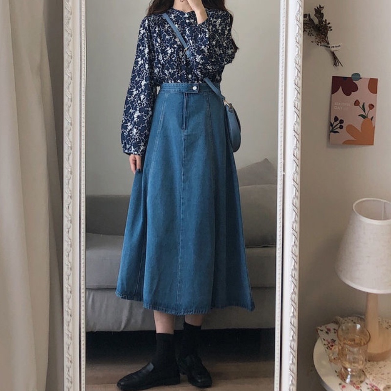 Bộ Áo Sơ Mi + Chân Váy Denim Eo Cao In Hoa Phong Cách Hàn Quốc Ngọt Ngào Thời Trang Mùa Xuân Mới Cho Nữ