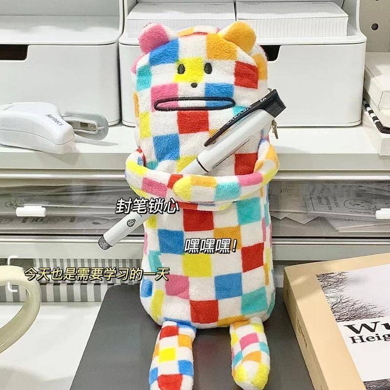 Japanese Plush Student Pencil Bag Girl's Large Capacity High Color Contrast Checker Stationery Box Pencil Box Storage Bag