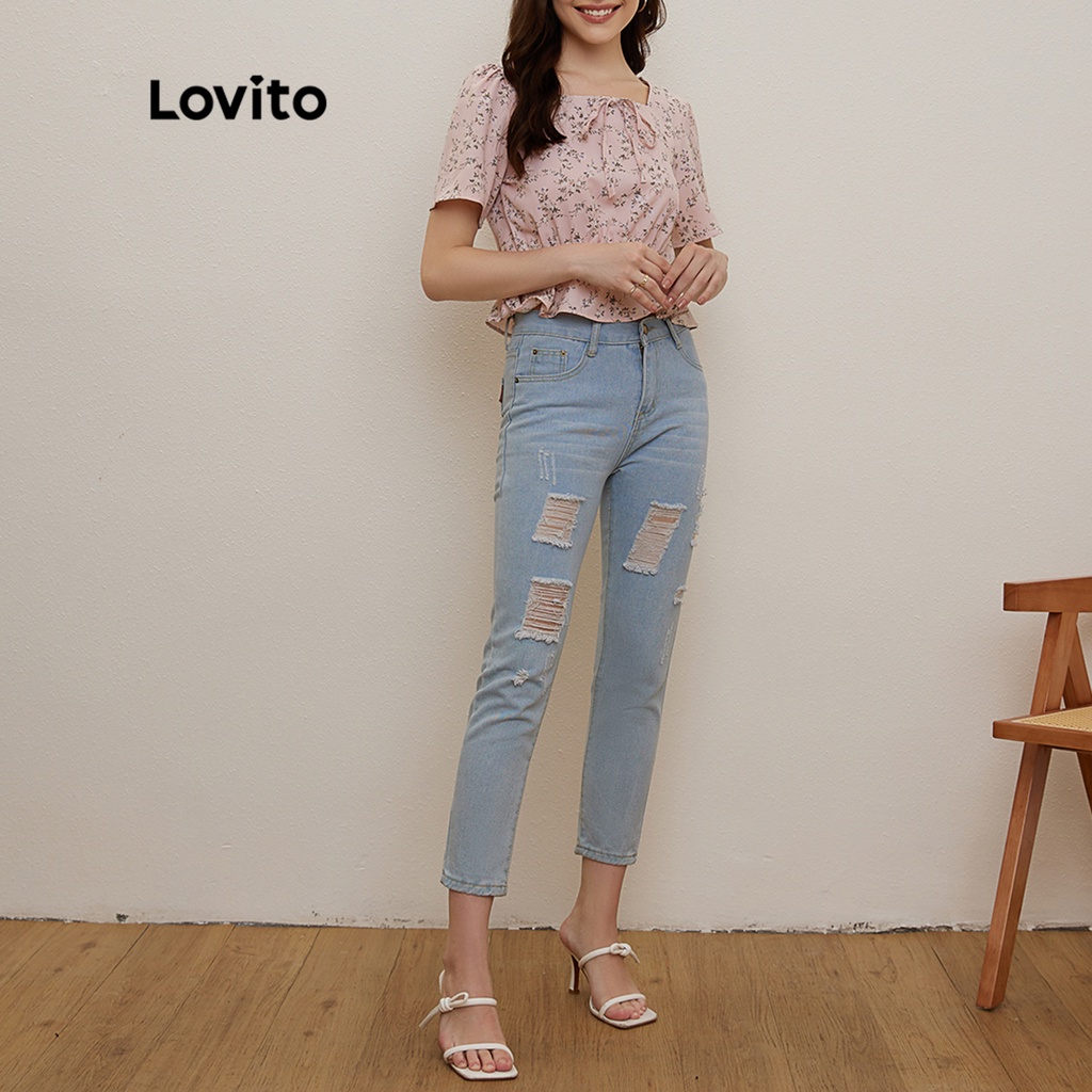 Lovito Áo Kiểu Hoạ Tiết Hoa Viền Ren L20D108 (Màu Hồng Nhạt)