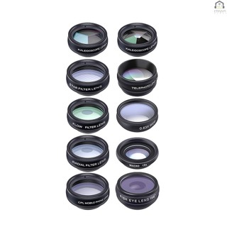 Ống kính apexel 10 trong 1 góc rộng 0.63x + 15x macro + 198 dành cho điện thoại°bộ kính lọc mắt cá + 2 kính lọc telephoto + cpl + cpl + bộ lọc ngôi sao cho mắt cá / mắt cá / 2x