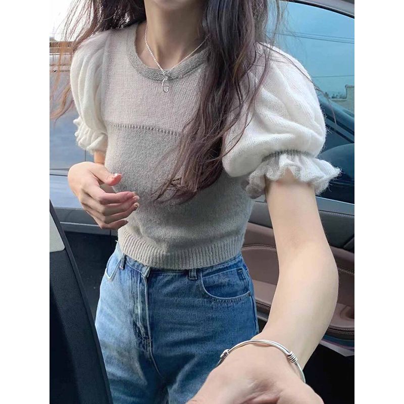 Áo Dệt Kim Tay Ngắn Phồng Màu Vàng Phong Cách Pháp Thời Trang Mùa Xuân 2023 Mới Cho Nữ