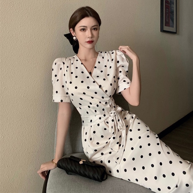 IELGY  Đầm Tay Phồng Họa Tiết Chấm Bi Cột Dây Phong Cách Pháp Thanh Lịch Cho Nữ