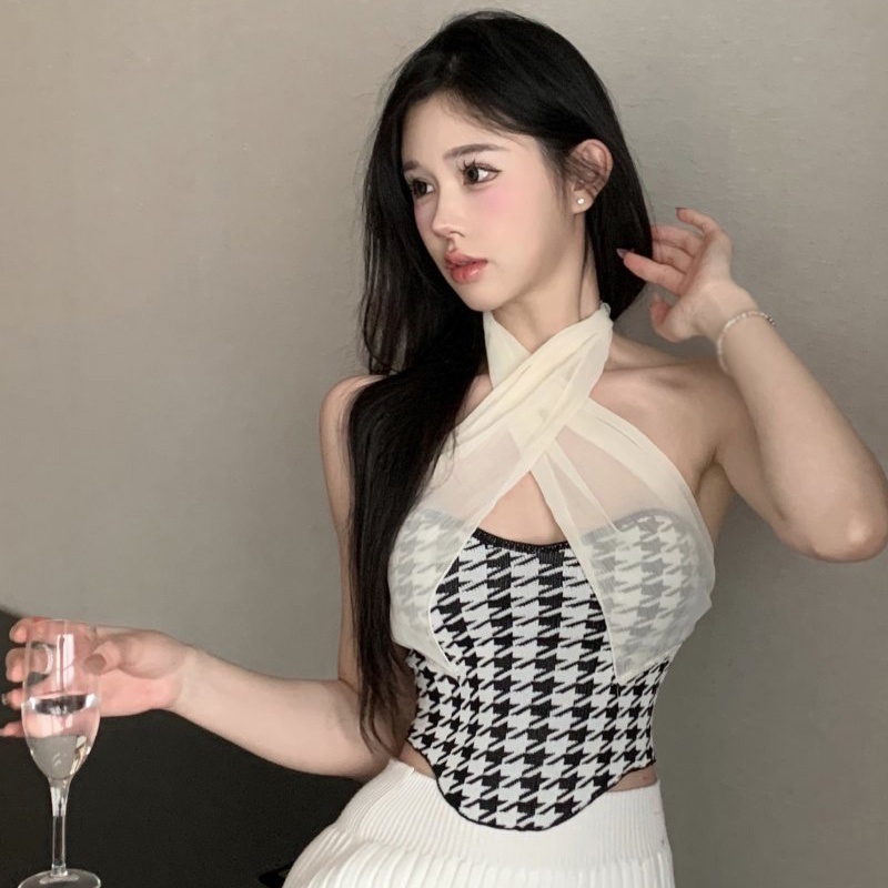 Áo Croptop Dệt Kim Hai Dây Phối Lưới Phong Cách Retro Hàn Quốc Quyến Rũ