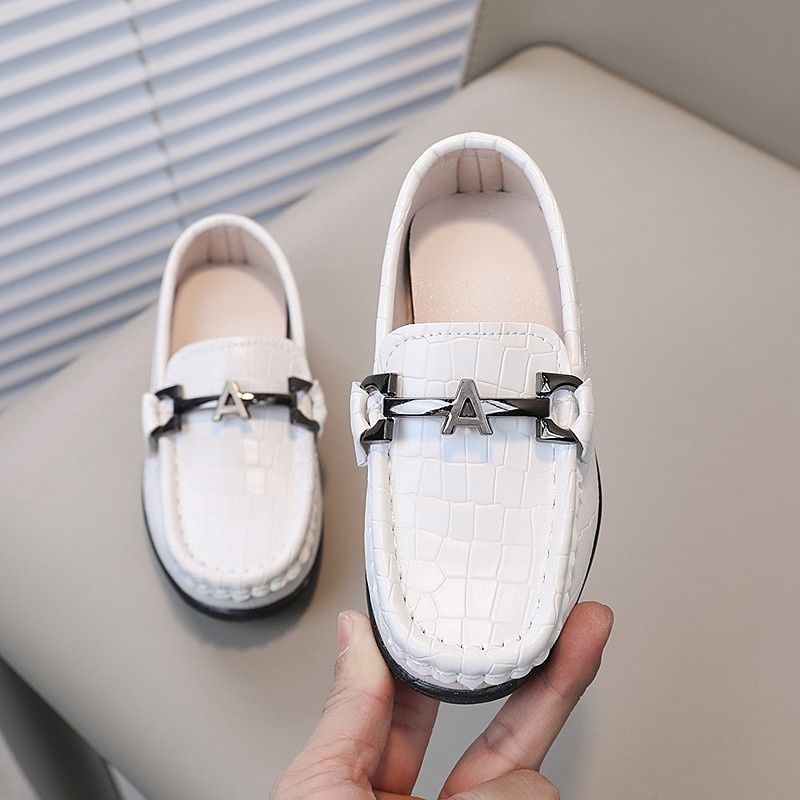 Giày Lười Da Đế Bằng Phối Dây Xích Kim Loại Kiểu Cổ Điển Thời Trang Dự Tiệc Cưới Cho Bé Trai