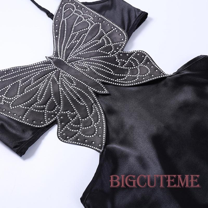 [] - Đầm Dài Không Tay Cổ Chữ V Hở Lưng Màu Đen Họa Tiết Bướm Đính Kim Cương Phong Cách Đường Phố Dự Tiệc Cho