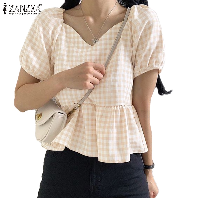 Áo ZANZEA tay ngắn phồng họa tiết caro phong cách Hàn Quốc dành cho nữ