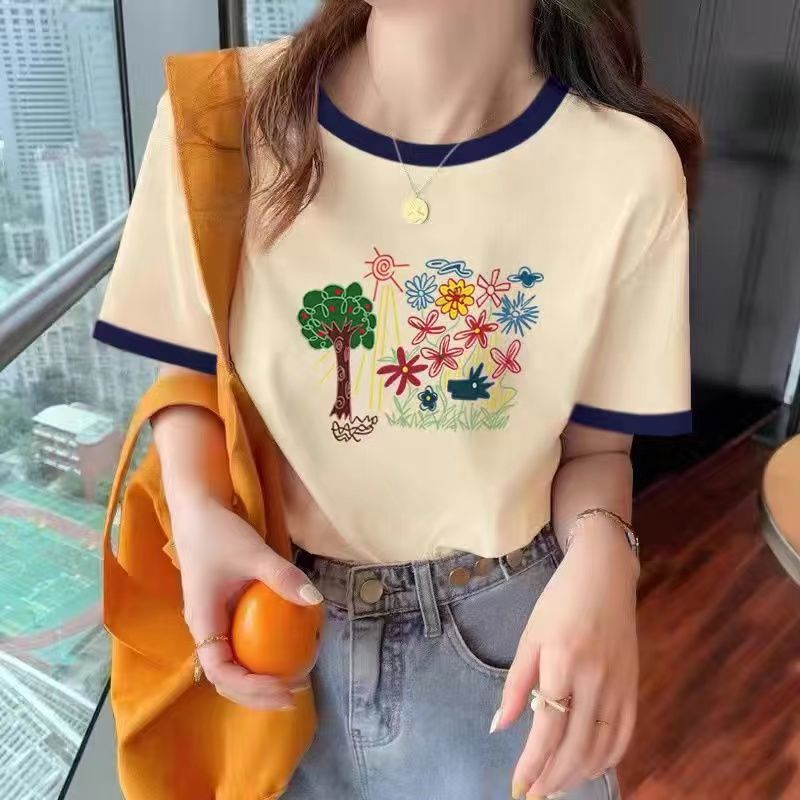 Áo Thun 100% Cotton Tay Ngắn Dáng Rộng Màu Kem Tương Phản Thời Trang Mùa Hè Hàng Mới 2023 Dành Cho Bạn Nữ