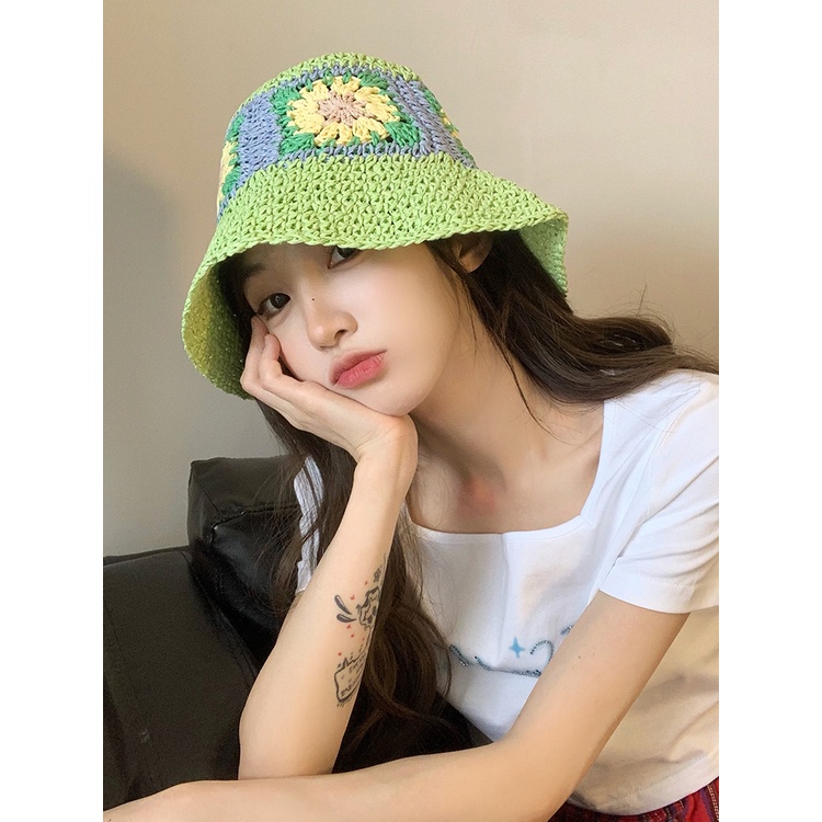 Nón Tai Bèo Đan Cói Thủ Công Họa Tiết Hoa Xinh Xắn Thời Trang Hàn Quốc