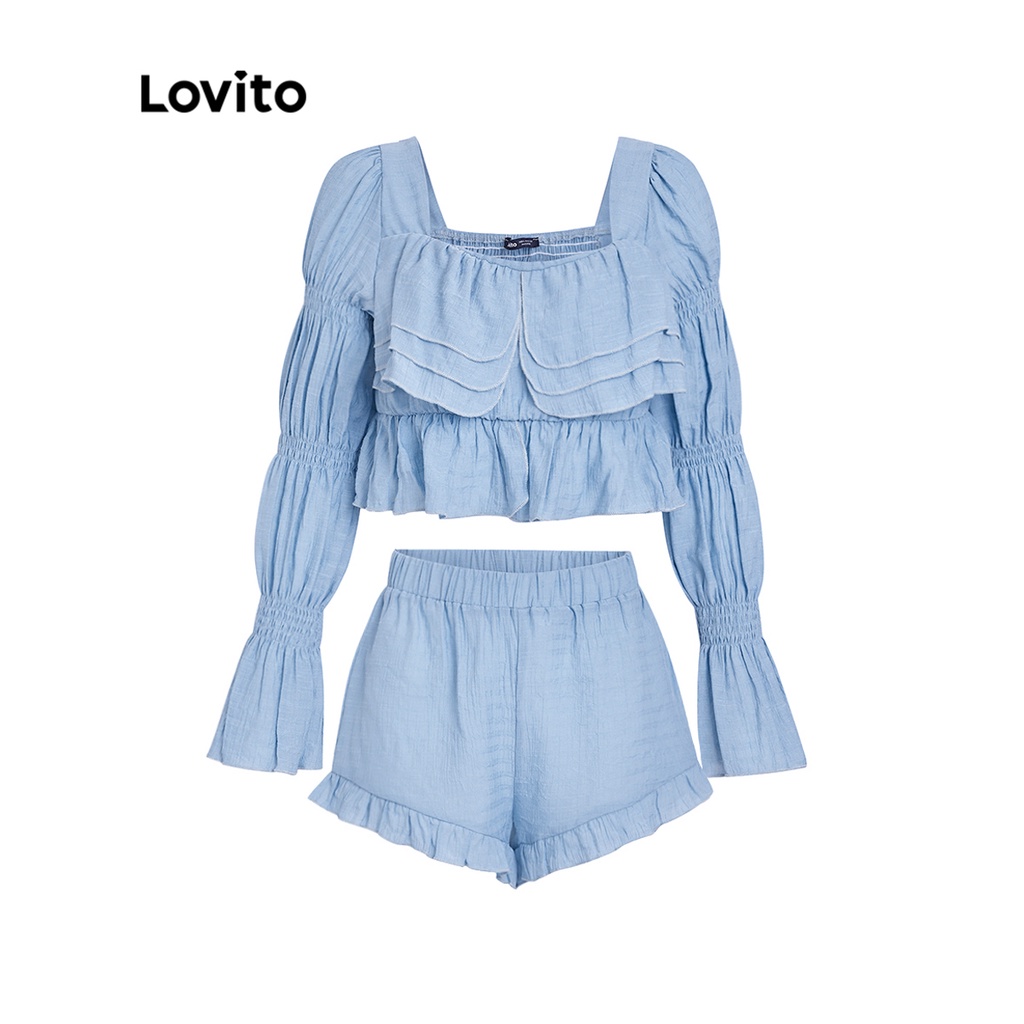 Bộ Quần Short Nữ Dài Tay Cổ Vuông Họa Tiết Lovito Dễ Thương L37AD053 (Xanh Nhạt)