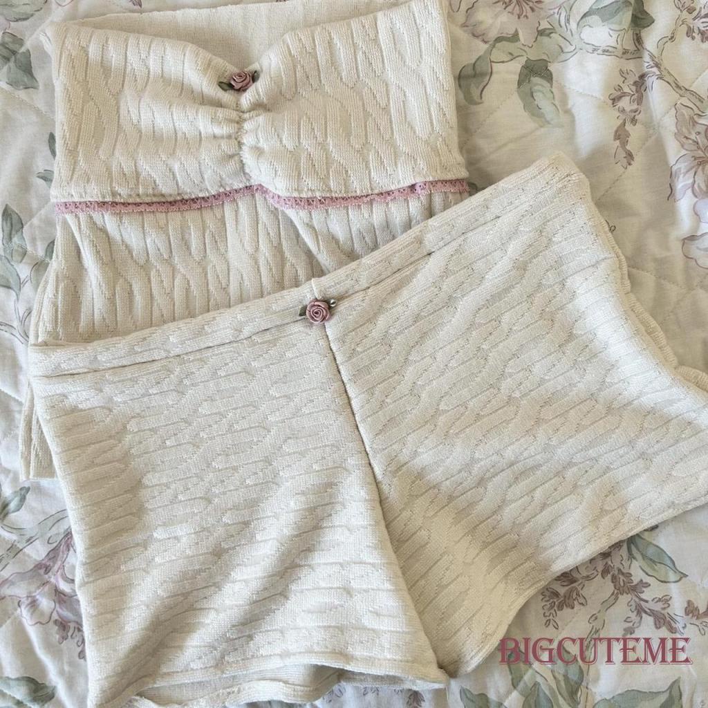 Set Đồ Mùa Hè 2 Món Gồm Áo Ống Quấn Ngực + Quần Ngắn Lưng Thun Phối Ren Hoa Cho Nữ