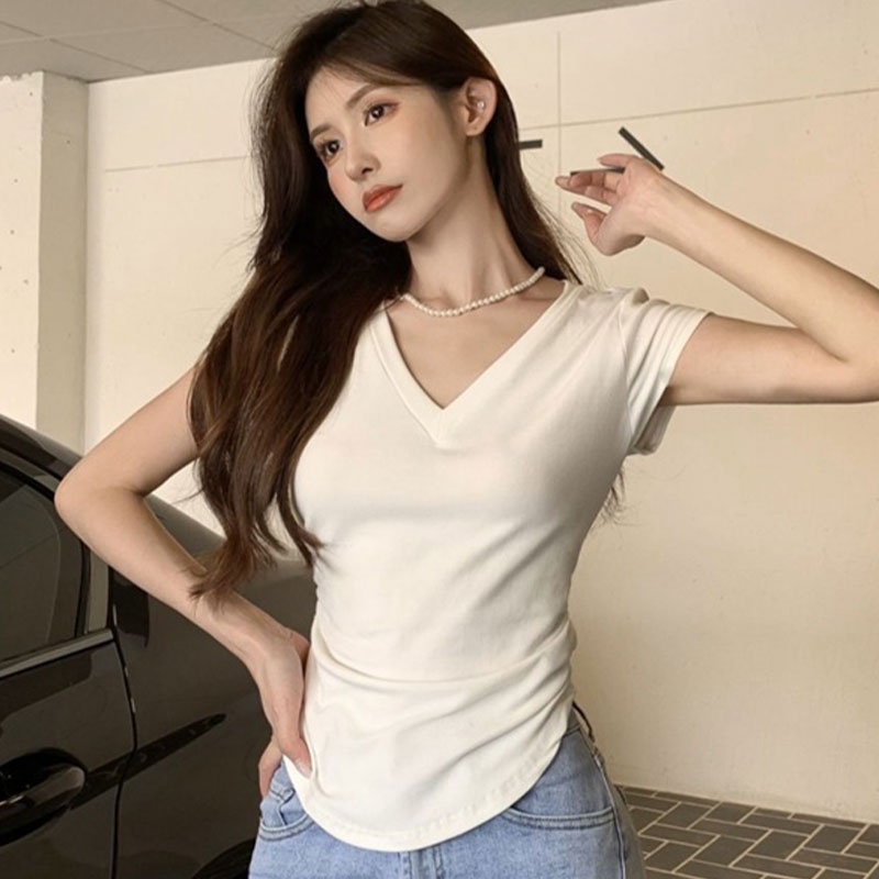 Áo Thun Cổ Chữ V Thiết Kế Đơn Giản Quyến Rũ Thời Trang Theo Phong Cách Hàn Quốc Cho Nữ