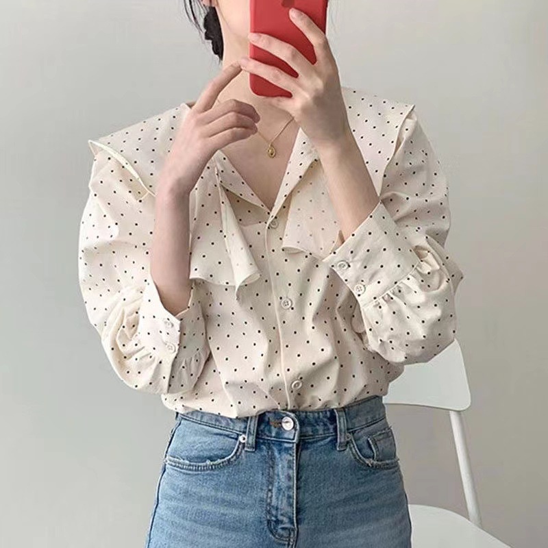 Áo Sơ Mi Tay Dài Phồng Cổ Búp Bê Form Rộng Họa Tiết Chấm Bi