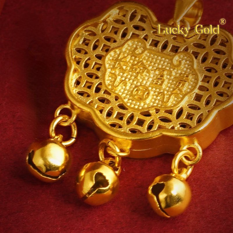 Vòng cổ Mặt Trái Tim 3D Đính Chuông Vàng Kim Au999 Phong Cách Trung Hoa