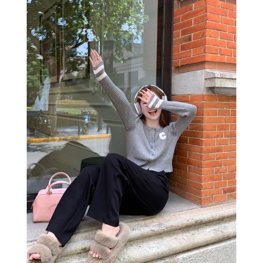 LANJIEXI Áo cardigan Dệt Kim Mỏng Tay Dài Thêu Chữ Màu Sắc Tương Phản Phong Cách Hàn Quốc Cho Nữ