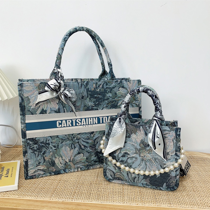 Ielgy Túi Xách Lụa Đeo Vai Sức Chứa Lớn Họa Tiết Tranh Sơn Dầu Đính Ngọc Trai Có Dây