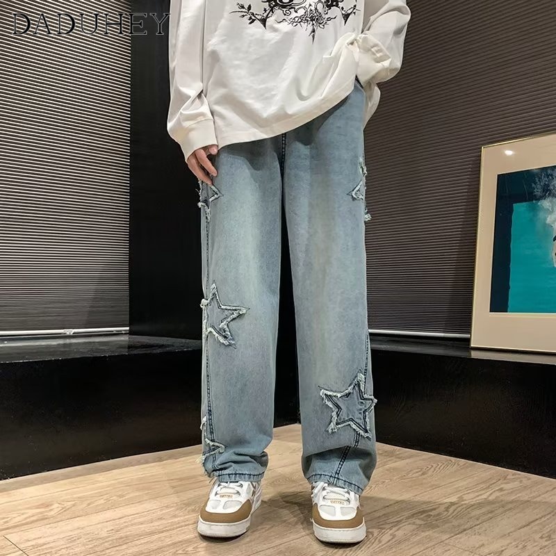 DaDuHey Hong Kong Style Trendy Men's Summer New 2023 Personality Star Raw Hem Jeans Hip Hop Ins Trendy High Street Fashionable Handsome Casual Pants