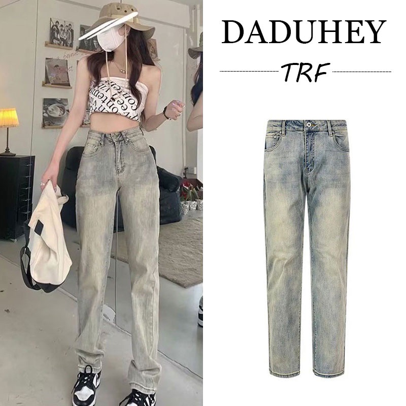DaDuHey💕 New American Ins Retro High Street Yellow Mud Straight Jeans High Waist Slim Fashion Women's Clothing
