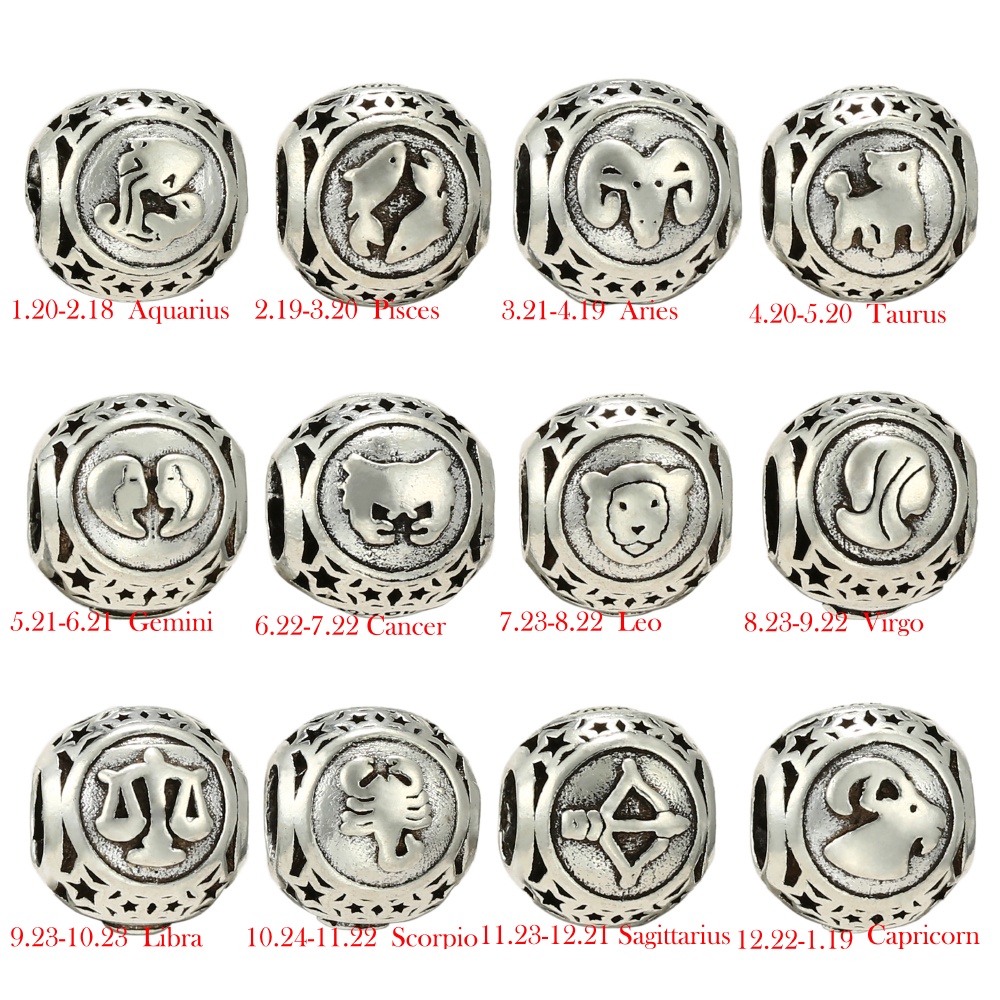 Hạt Charm Tròn 12 Cung Hoàng Đạo Màu Sắc Bạc Làm Trang Sức Diy
