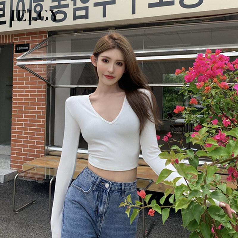IELGY   Áo Thun Tay Dài Cổ Chữ v Ôm Dáng Thời Trang Cho Nữ