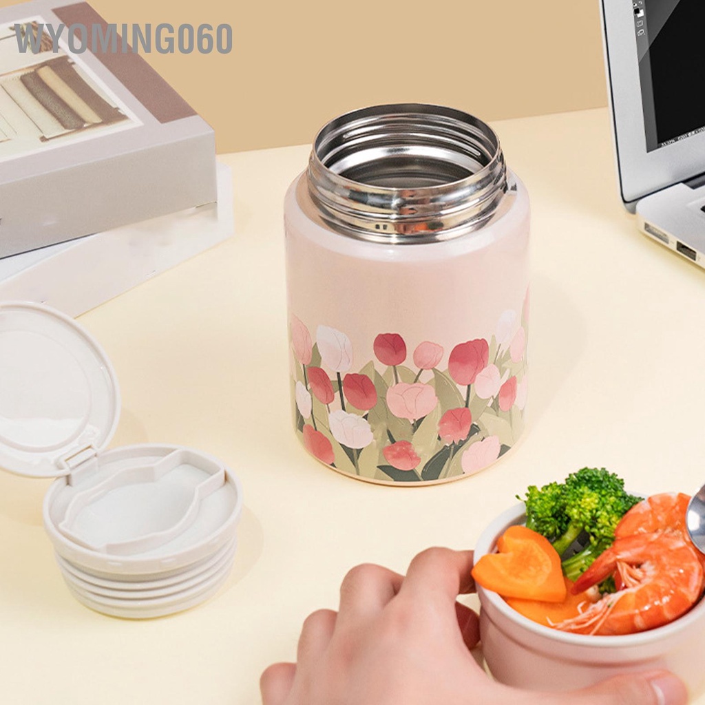 Wyoming060 Bình thực phẩm cách nhiệt Mẫu hoa Dung tích 450ML Hộp đựng đồ ăn trưa di động bằng thép không gỉ cho trường học