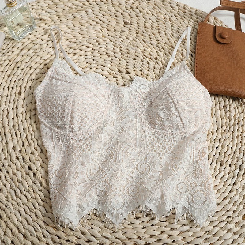 Áo Hai Dây Cúp Ngực Bằng Da Phối Ren Ôm Ngực Phong Cách Pháp Thanh Lịch Gợi Cảm