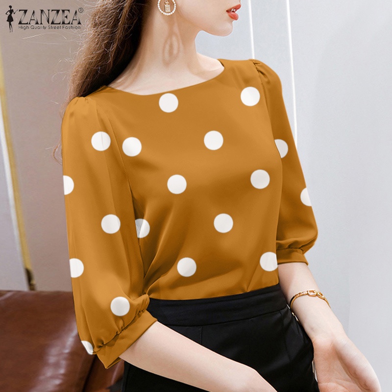 ZANZEA Áo Kiểu Cổ Vuông Họa Tiết Chấm Bi Phong Cách Hàn Quốc Thời Trang Cho Nữ