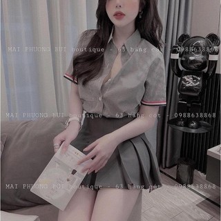✨bán sỉ✨set kẻ tommy mix chân váy xếp ly