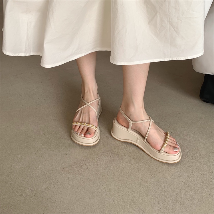 Sandal Đế Xuồng Hở Ngón Phối Dây Xích Kim Loại Thời Trang 2023 Dành Cho Nữ