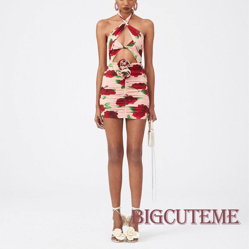 [] [] Đầm Mini Ôm Dáng Không Tay Khoét Rỗng In Họa Tiết Hoa Hồng Cho Nữ