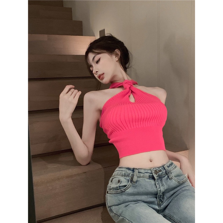 Áo Dệt Kim Hai Dây Dáng Ngắn Thời Trang Mùa Hè Cho Nữ