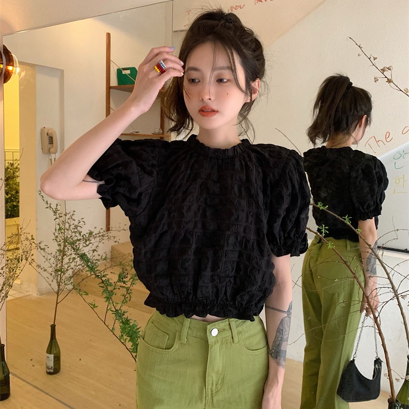 IELGY   Áo Sơ Mi Tay Phồng Màu Trắng Thiết Kế Đơn Giản Dành Cho Nữ