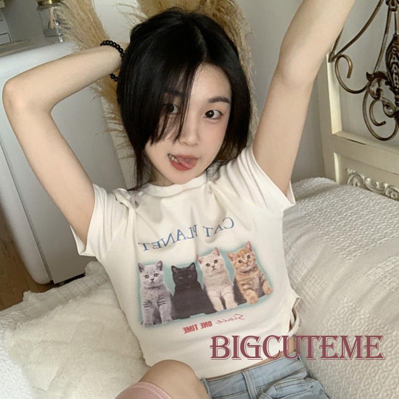 Áo Thun Crop Top Tay Ngắn Cổ Tròn In Hình Mèo Ôm Dáng Cho Nữ