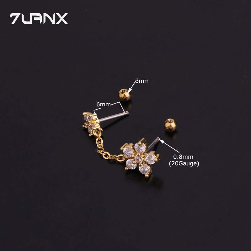 7uanX 1 Bông Tai Dây Xích Đôi Hình Hoa Bằng Thép Không Gỉ Đính Đá Zircon Thời Trang Dành Cho Nữ
