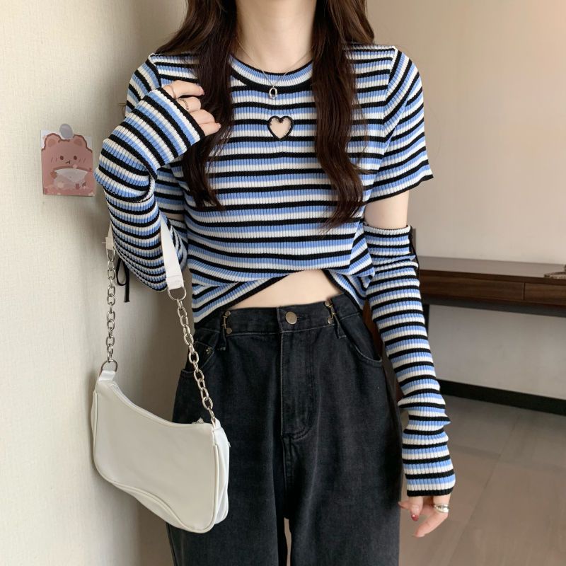 Áo DIDIKA tay ngắn dáng ôm họa tiết kẻ sọc thời trang mùa xuân 2023 cho nữ