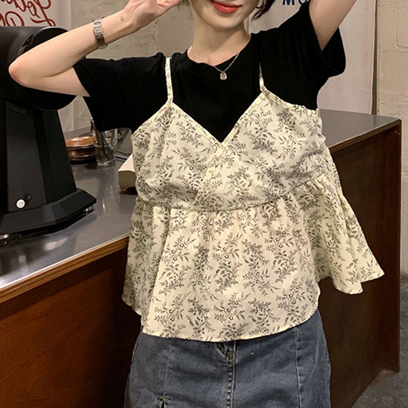 Áo Thun Ngắn Tay Giả Hai Lớp Họa Tiết Hoa Thời Trang Mùa Hè Cho Nữ Lên Đến 300KG