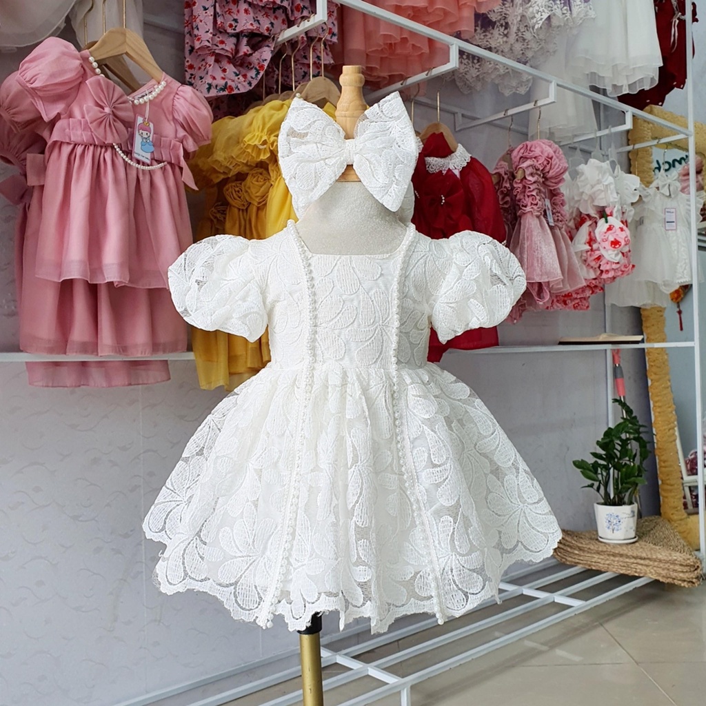Set váy công chúa bé gái kèm nơ MINTSCLOSET Mint's Closet váy tiểu thư trắng ren viền bé sơ sinh 1 2 3 4 tuổi - GS1152