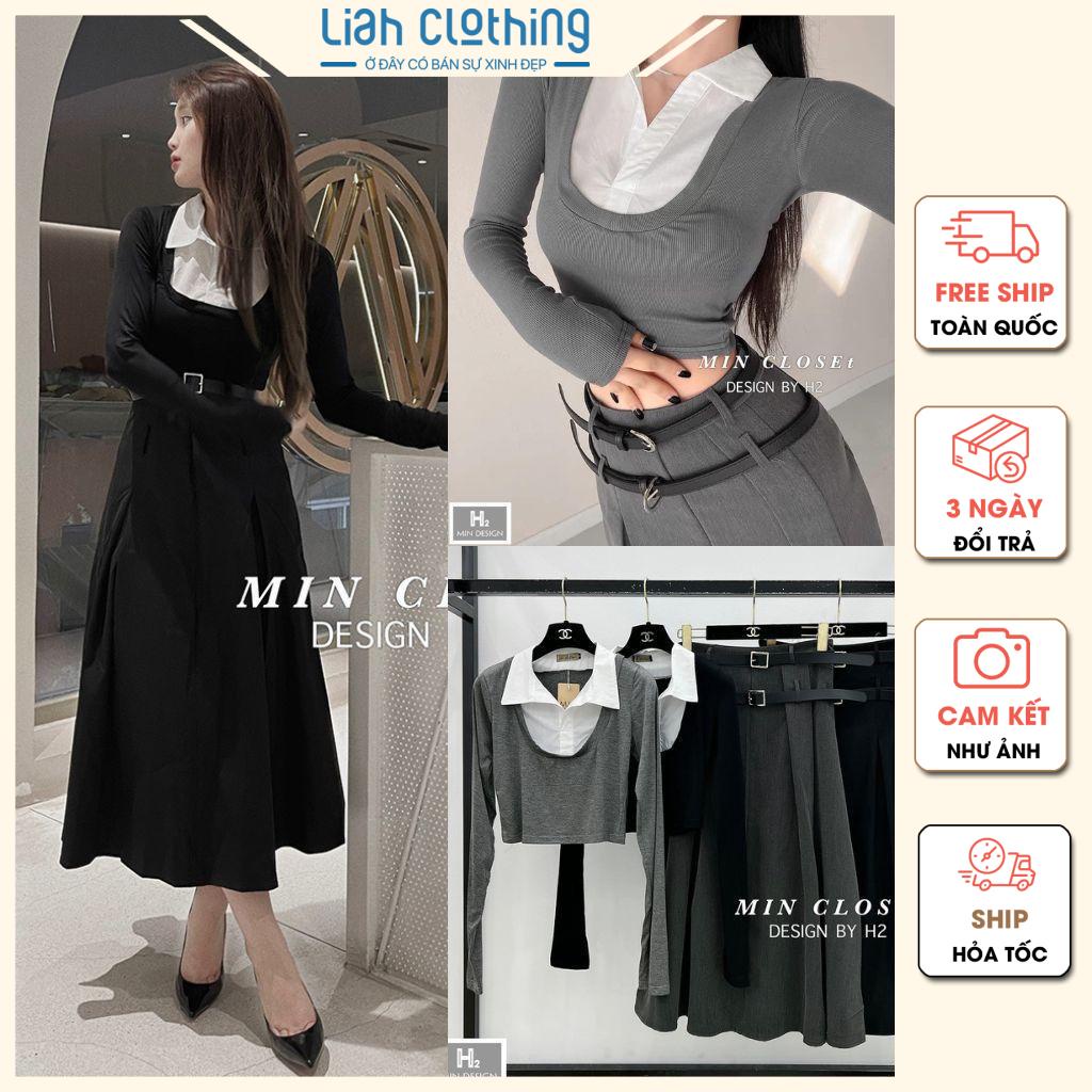 S3-176 | Set áo croptop cổ đức mix chân váy xếp ly tặng kèm đai | Liah clothing