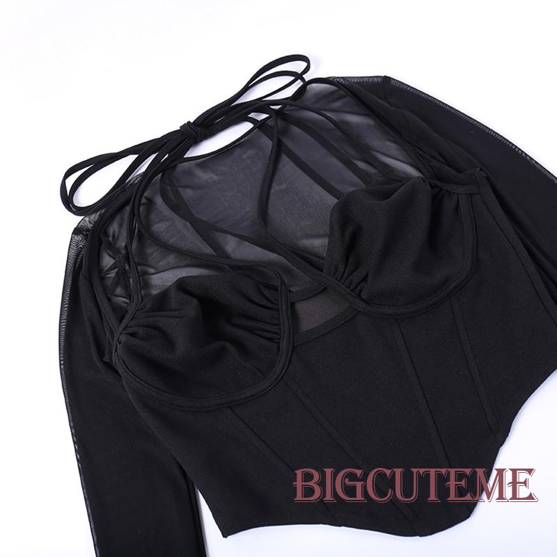 [] Áo Crop Top Dài Tay Phối Lưới Xuyên Thấu Phong Cách Đường Phố Đơn Giản Dành Cho Nữ