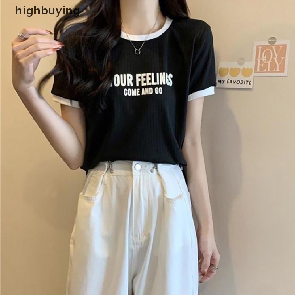 Áo Thun Tay Ngắn Cổ Tròn In Chữ Màu Sắc Tương Phản Thời Trang Mùa Hè Cho Nữ