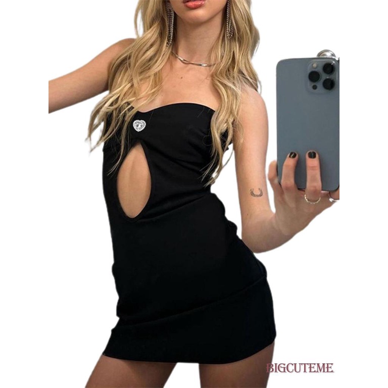 Đầm Ống Mini Ôm Dáng Không Dây Hở Lưng Màu Đen Thời Trang Mùa Hè Cho Nữ