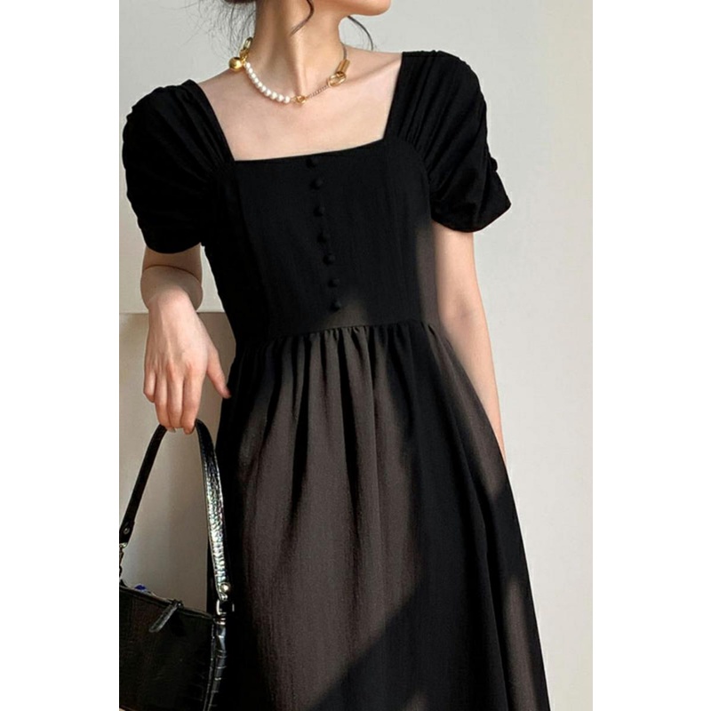 SUXI Đầm Midi Tay Ngắn Màu Đen Phong Cách Vintage Thời Trang Mùa Hè Cho Nữ