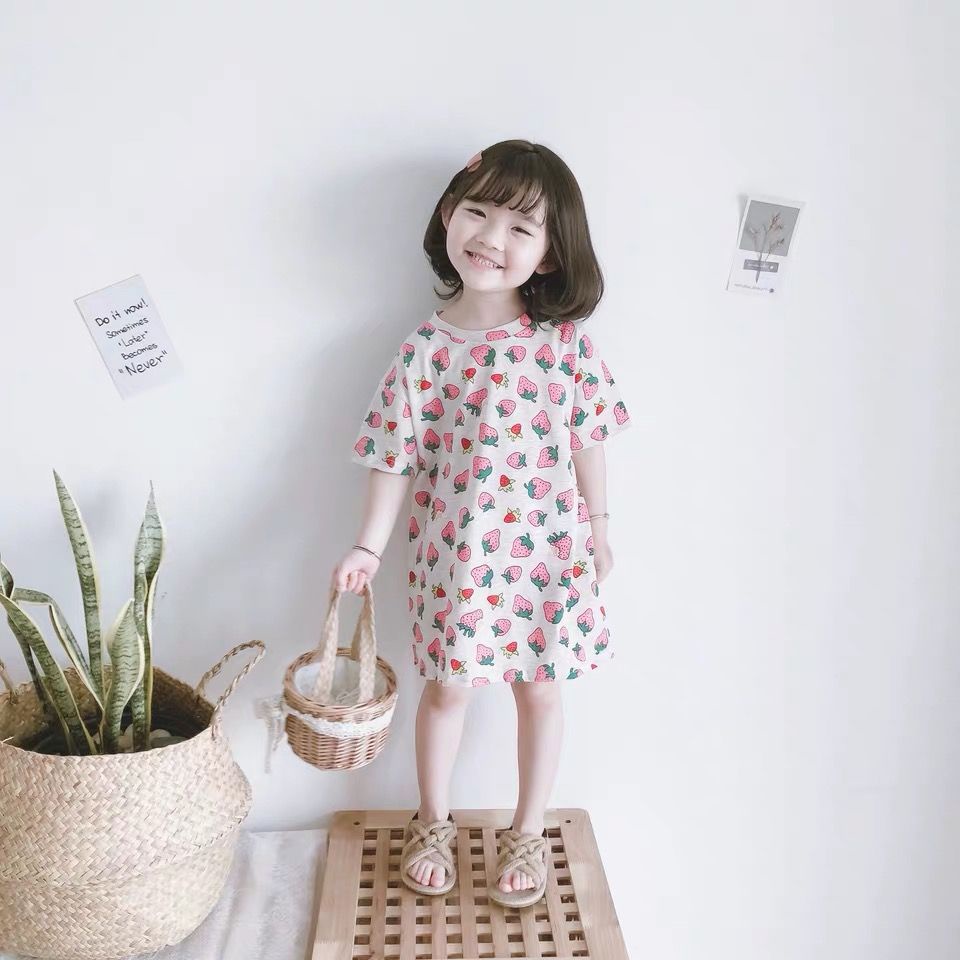 Đầm Cotton Tay Ngắn In Họa Tiết Da Báo/Gấu Hoạt Hình Thời Trang Mùa Hè Cho Bé Gái 1-8 Tuổi,in họa tiết da báo