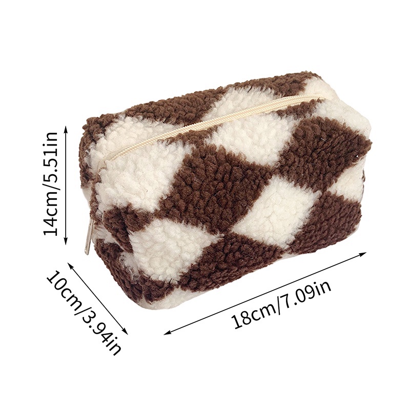 Túi Đựng Đồ Trang Điểm / Bút Chì Sức Chứa Lớn Phối Lông Họa Tiết Sọc Caro Cho Học Sinh