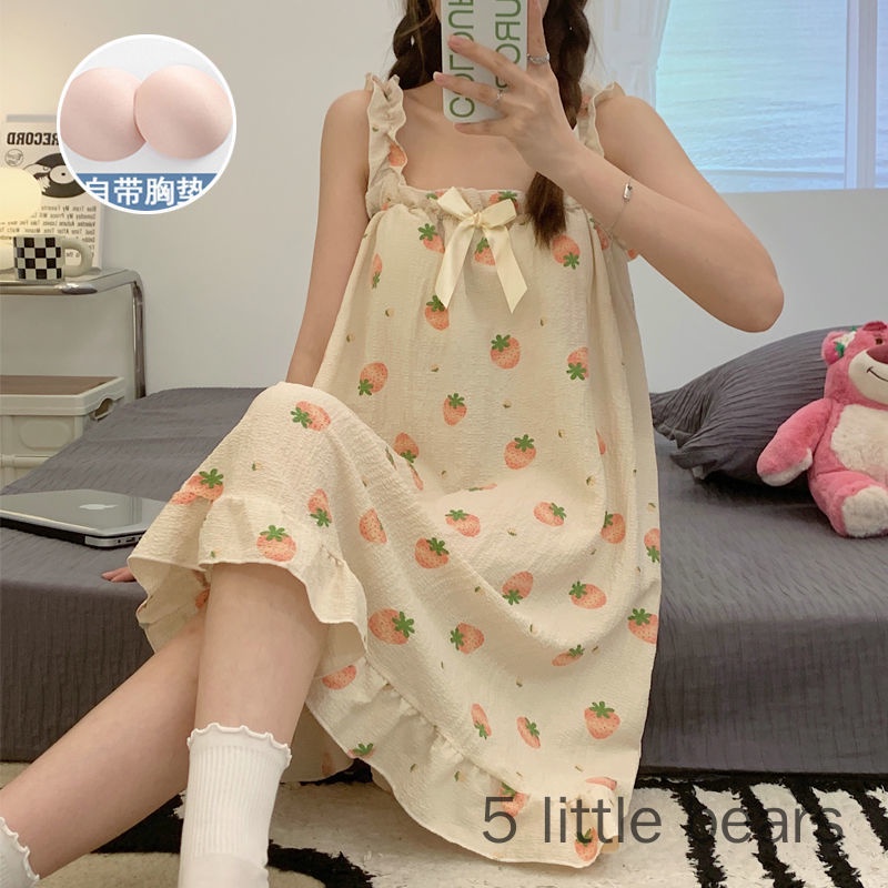 Đầm Ngủ Hai Dây Cotton Nguyên Chất Có Đệm Ngực Phong Cách Công Chúa Mùa Hè Bán Chạy Cho Nữ